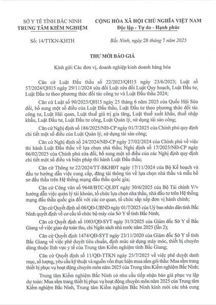 THƯ MỜI BÁO GIÁ TRANG THIẾT BỊ